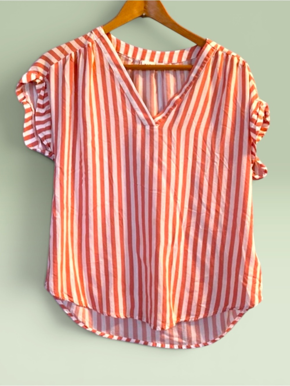 GAP Pink White Stripe Split Neck Flutter Sleeve Blouse S